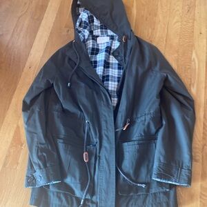 Skies are blue. Women’s jacket. Green with plaid lining.